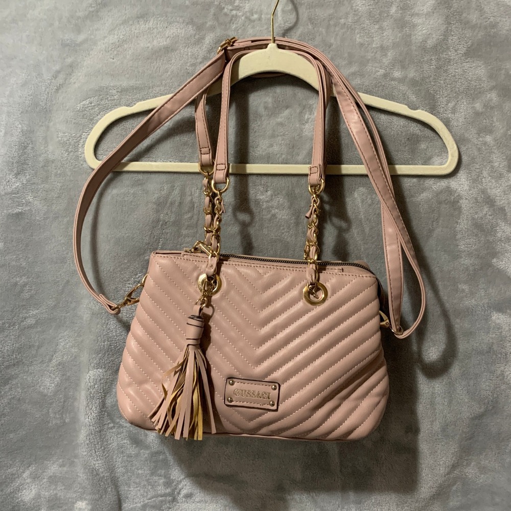 Gussaci Pink Quilted Crossbody Bag Chevron Tassel Gold Chain Satchel Handbag